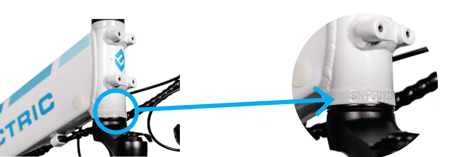 eBike serial number engraved on the head tube of frame near headlight