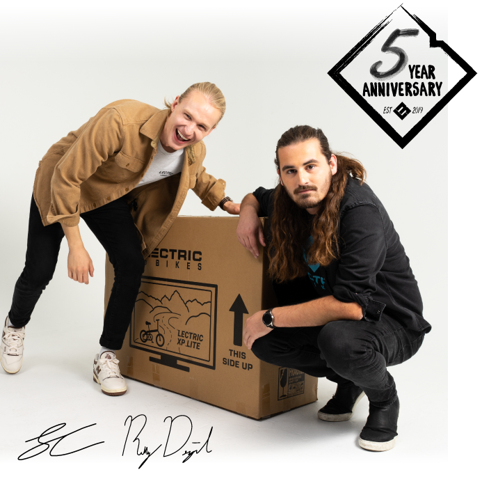 Levi and Robby co founders next to a bike box.