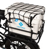 Cargo net covering hard cooler in cargo basket on eBike rear rack 
